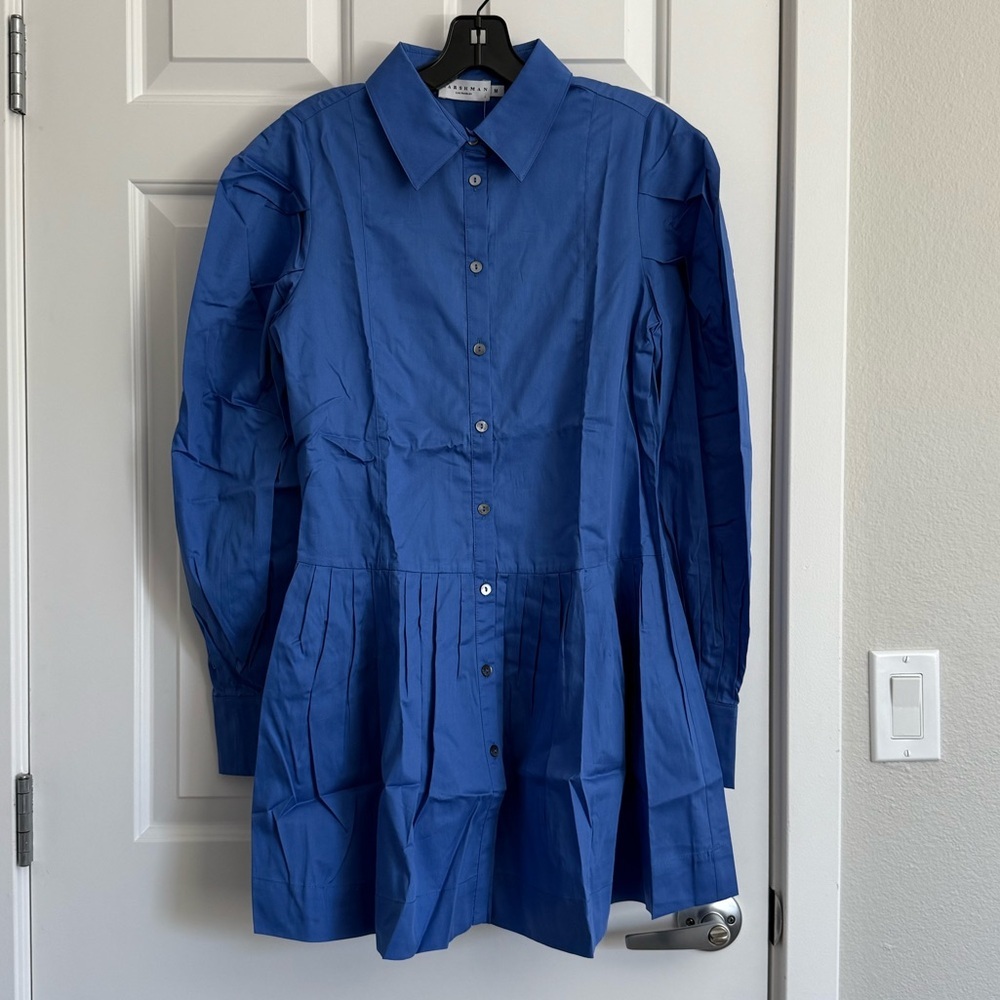 Harshman Esme Pleated Puff-Sleeve Mini Shirtdress - Size M - Indigo Blue - NWT - Picture 4 of 9